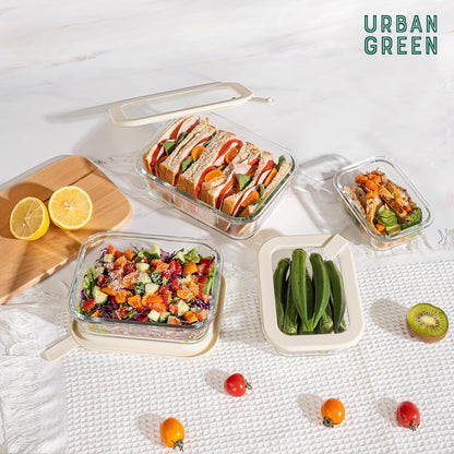 Urban Green Glass Food Storage Containers with Glass Lids, Microwave Safe Food Container Set, Aitight Meal Prep Container Set, LeakProof, 100% Plastic Free, 6 Pack