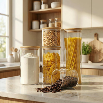 32oz - 4 Pack Glass Jars with Bamboo Lids, Glass Pantry Storage Containers with Airtight Lids, Round Air Tigh Food Storage Canisters for Cereal, Pasta, Flour, Sugar, Rice, Best for Kitchen Organizer