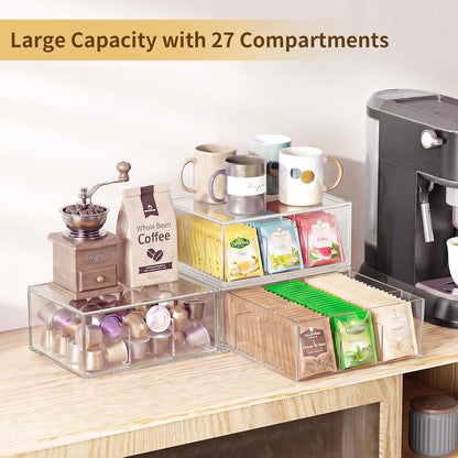2 Pack Clear Tea Bag Organizer, Stackable Drawer Organizer with Dividers for Pantry Bathroom Vanity Kitchen - Cabinet Countertop Shelf Plastic Storage Bins for Coffee/Makeup/Cosmetic/Crafts/Jewelry
