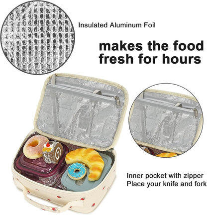 Bluboon Insulated Lunch Bag for Girls & Boys, Corduroy School Lunch Box with Cooler & Organizer Compartments, Leak-Proof Lunch Tote for School, Travel (Corduroy Strawberries Beige)