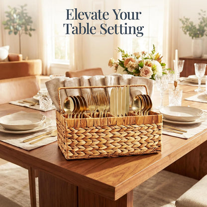 Best Choice Products Handwoven Silverware Organizer w/Handle, 5 Compartment Flatware Organizer, Shelf Storage Basket, Wicker Utensil Caddy, Cutlery Basket Holder for Party, Picnic, BBQ - Chestnut