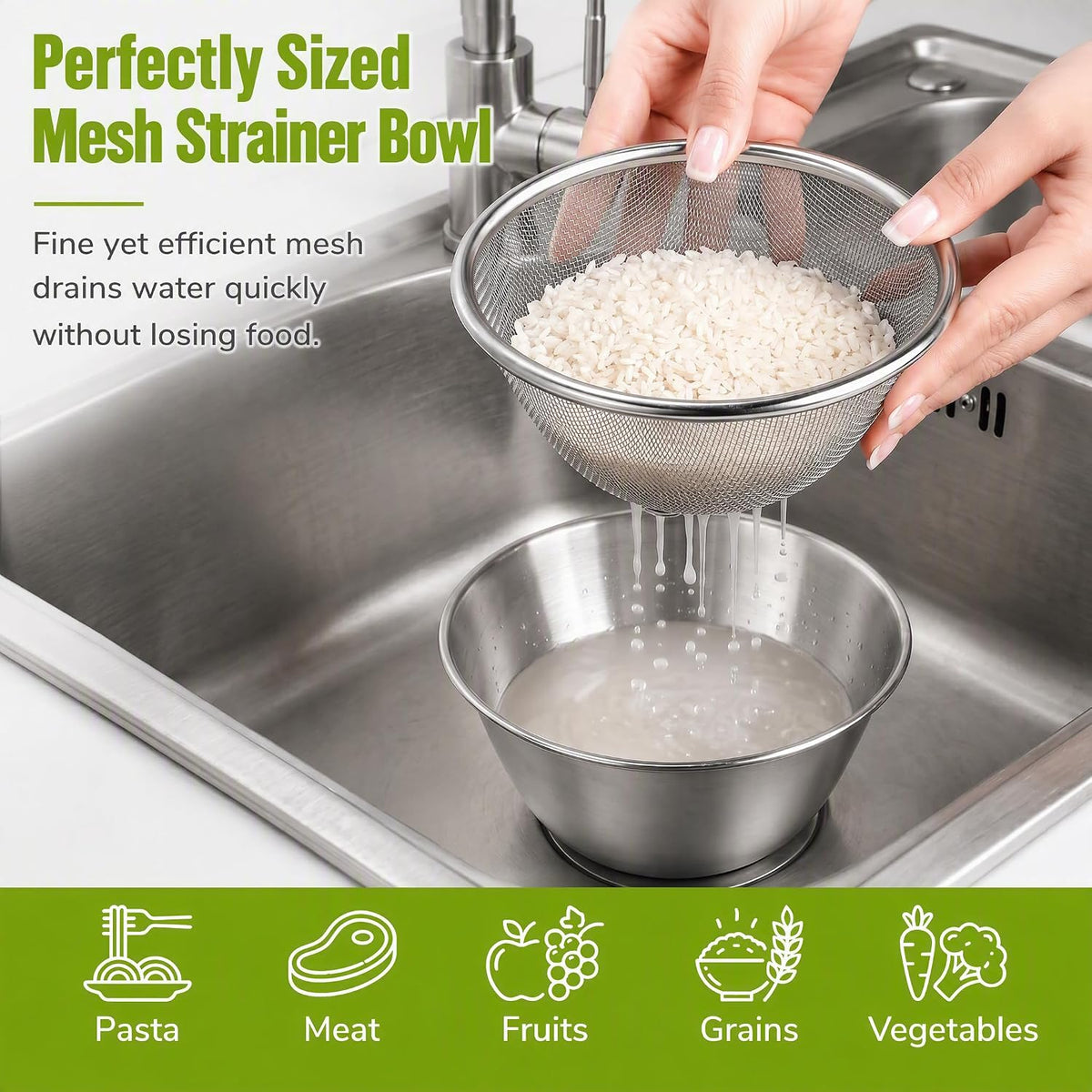WRINGKIT 4 Pcs 304 Stainless Steel Colander Bowl Set, Dishwasher Safe