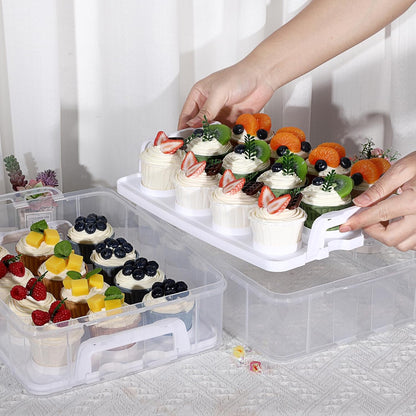 BTSKY 2 Tier Clear Plastic Cupcake Holder with Lid & Handles, Portable Cupcake Carrier for 24 Cupcakes, Stackable Cupcake Storage Container with Convenient Slot Tray Large Plastic Storage Box, White