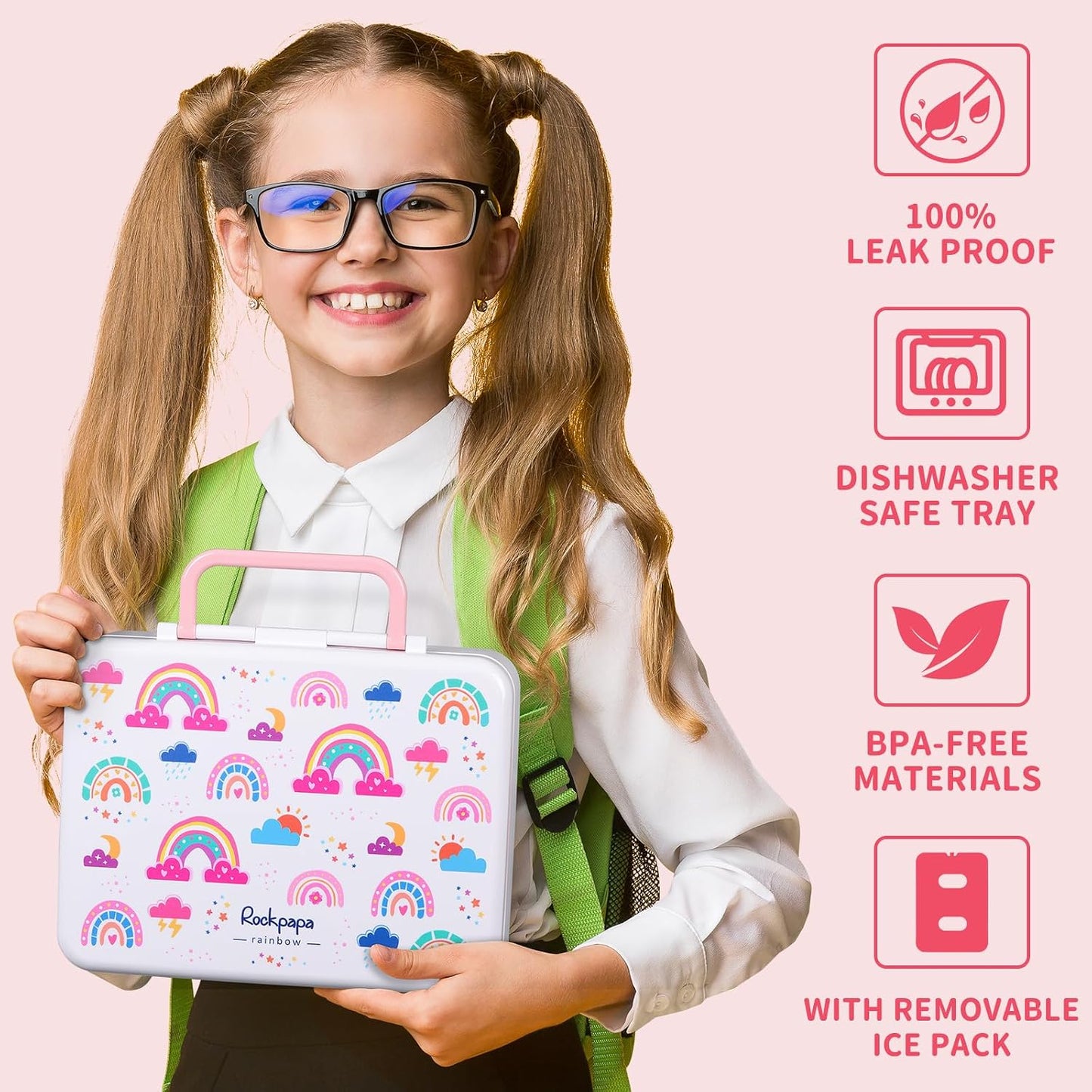 rockpapa Chill Bento Box for Kids- Large 5.5 Cups Lunch Box with Ice Pack - 5 Compartments, BPA-Free, Leak Proof, with Utensils & Portable Handle, Microwave/Dishwasher Safe (Purple Butterfly)