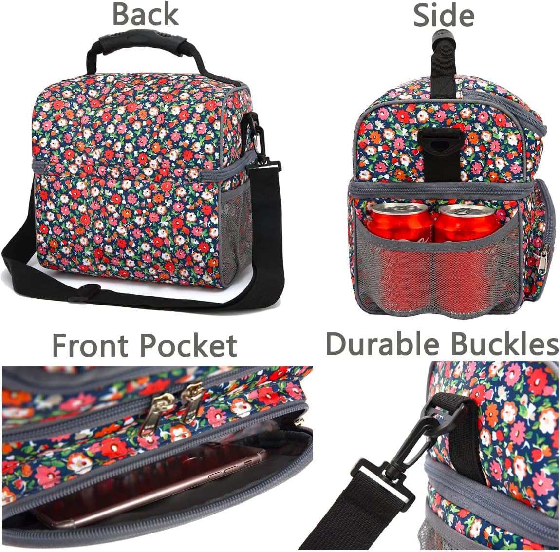 FlowFly Double Layer Cooler Insulated Lunch Bag Adult Lunch Box Large Tote Bag for Men, Women, With Adjustable Strap,Front Pocket and Dual Large Mesh Side Pockets