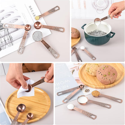 Copper Measuring Cups and Spoons Set 14, Stainless Steel Measuring Cups and Spoons set, Metal 6 Measure Cup and 7 Measure Spoon with 1 Leveler for Kitchen & Baking