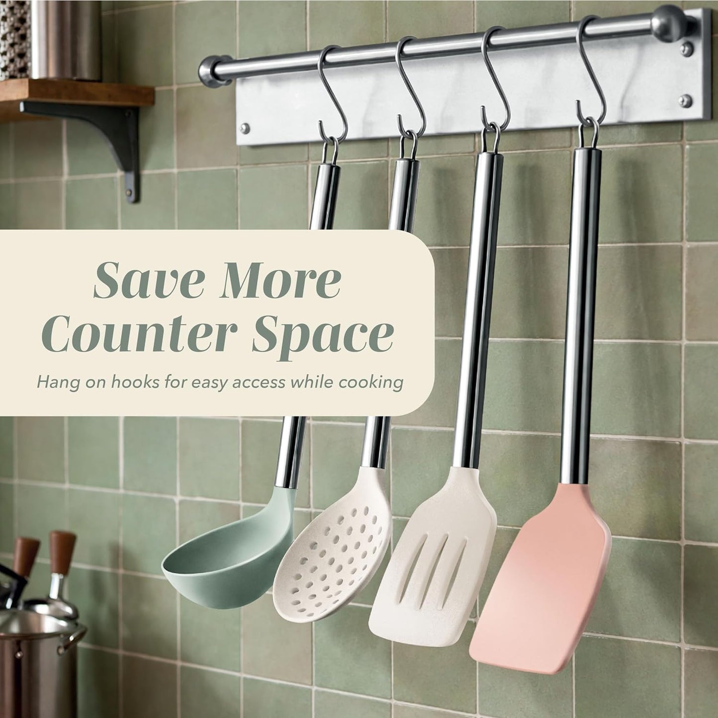 COOK WITH COLOR Silicone Cooking Utensils, Kitchen Utensil Set, Easy to Clean Silicone Kitchen Utensils, Cooking Utensils for Nonstick Cookware, Kitchen Gadgets Set, 38 Piece, Mint