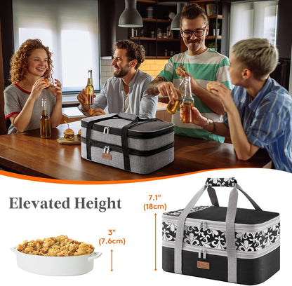 Lifewit Insulated Double Decker Casserole Carrier, Expandable Lasagna Lugger Tote Bag for Hot or Cold Food, Fits 9" x 13" Baking Dish for Potluck Parties, Picnic and Cookouts, Grey-Geometric