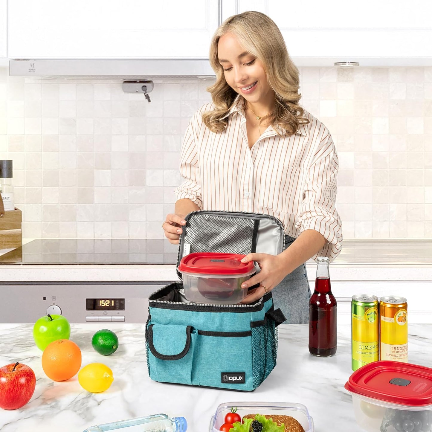 opux Insulated Lunch Bag for Men Women, Leakproof Black Lunch Box for Work, Portable Soft Lunch Cooler Bag with Shoulder Strap, Adult Lunchbox Lunch Pail for Kid Boy Girl School, 14 Can/8L