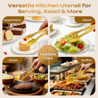 Stainless Steel Serving Tongs, 9 Inch Gold Salad Tongs Serving Utensils Buffet Tongs Gold Plated Heavy Duty Reusable Metal Kitchen Clips for Salad, Snack, Barbecue, Catering, Wedding, Party