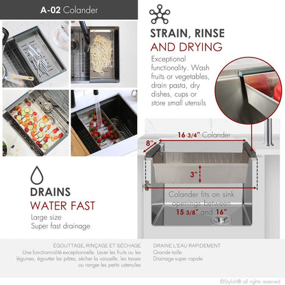 STYLISH Wotkstation Kitchen Sink Accessories Kit Included Stainless Steel Colander Over The Sink Drying Rack and Cutting Board, A-919KIT