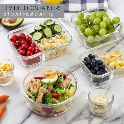 COOK WITH COLOR Premium 32-Pc. Borosilicate Glass Food Container Set with Dividers - 4 Rectangles, 8 Rounds, 4 Squares - Leakproof Lids - Meal Prep, Storage, Grey