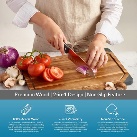 PortoFino Acacia Wood Cutting Board, 2-in-1 Reversible Cutting Board, Charcuterie Board, Premium Wood Serving Board, Built-In Juice Grooves, Non-slip Silicone Corners, Kitchen Gifts