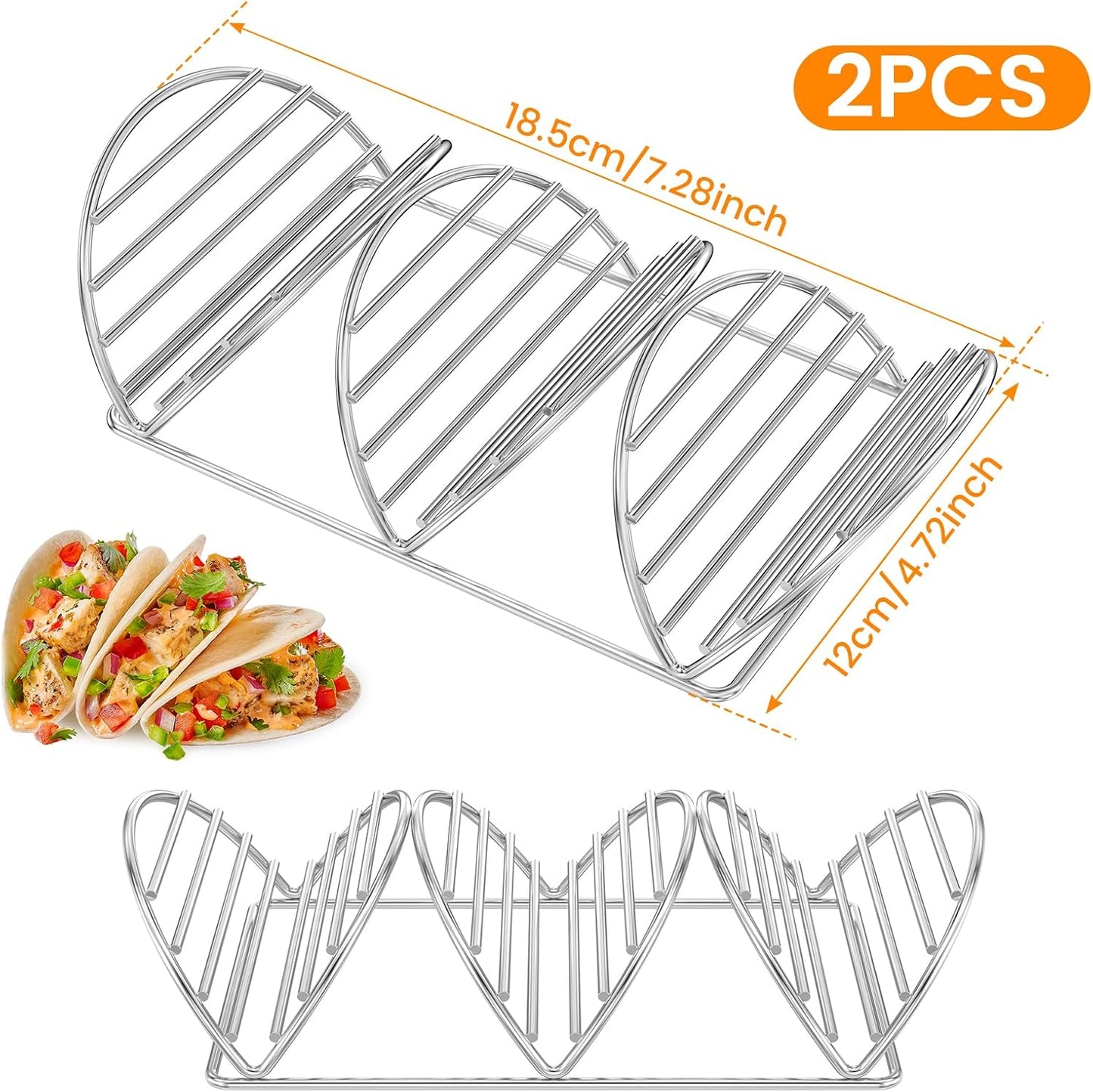 Stainless Steel Taco Holder Stand Set of 2, Taco Trays, Taco Stands for 3 Tacos, Oven Safe for Baking, Dishwa sher and Grill Safe, Taco Bar Serving Set for a Party
