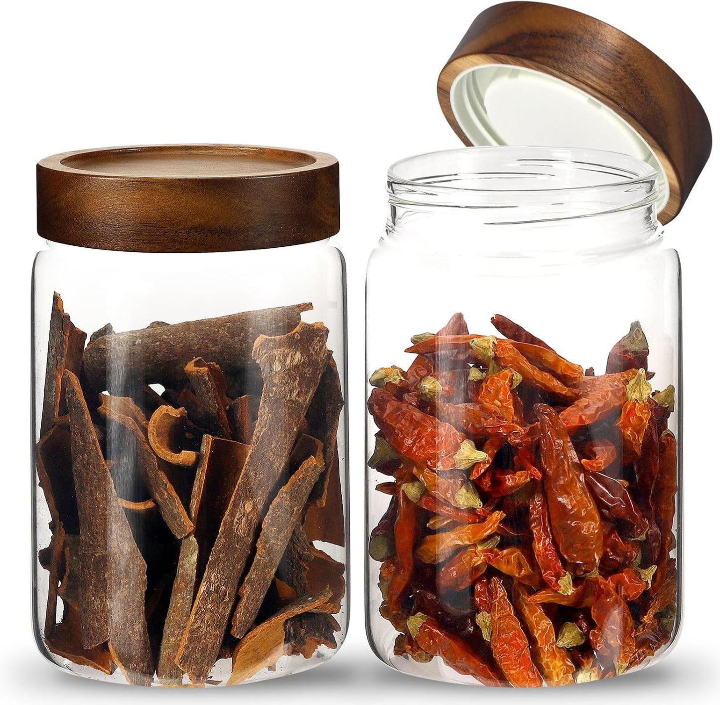 6 pc Glass Spice jars Glass Jars with Screw Lid 5 oz Acacia Wood Glass Herb Sugar Coffee Bean Ground Container Food Storage Canister for Candy Pantry Tea Seasoning Meal Prep Snack (6*150ml(5oz))