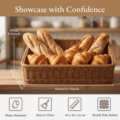 Woven Serving Basket, Rectangle Rattan Organizer Bins, Decorative Tabletop Baskets for Pantry Bathroom, Plastic Wicker Storage Basket for Bread Vegetables Fruit Snacks, Brown 35×25×12cm