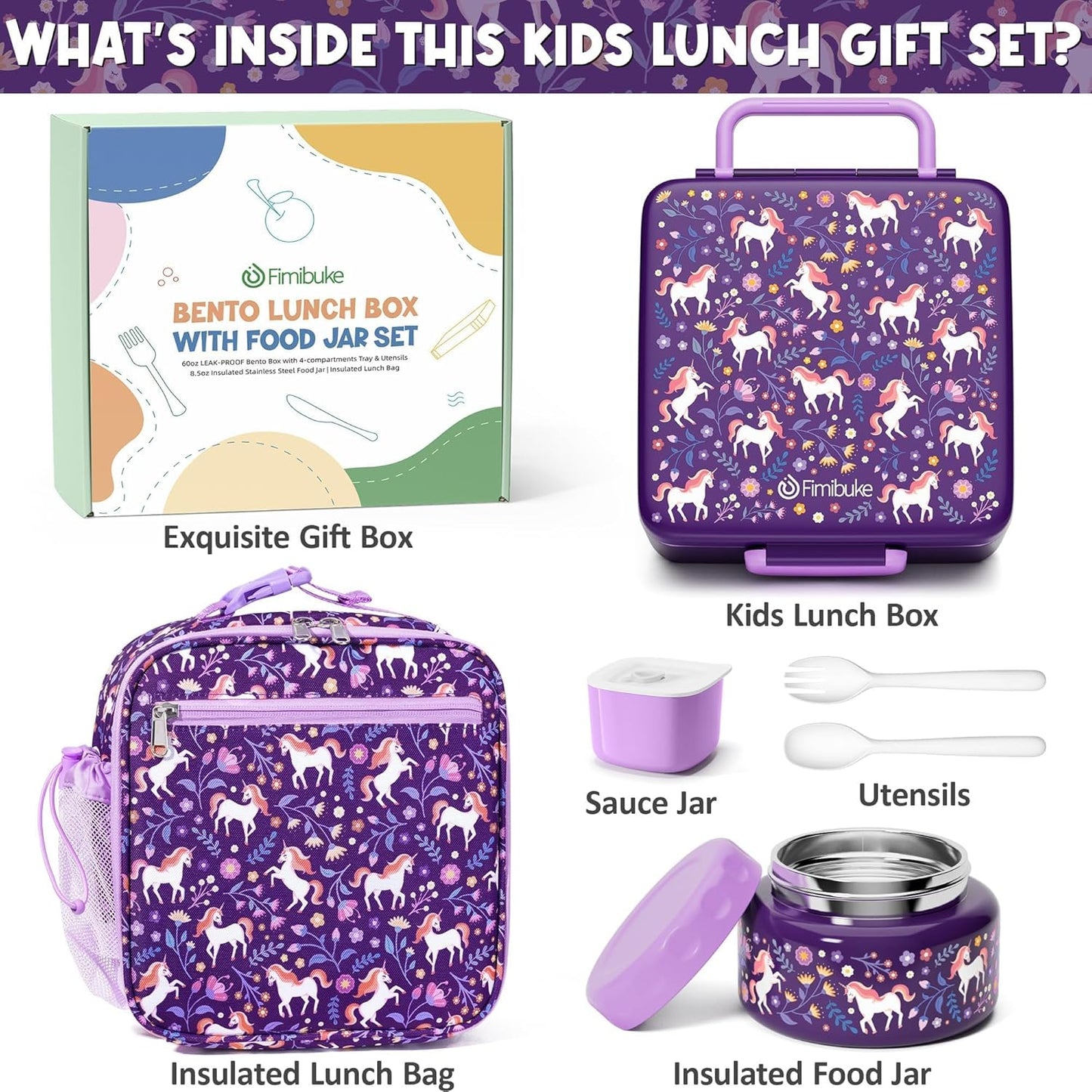 Fimibuke Kids Bento Lunch Box with Thermo, Leakproof Toddler Bento Box with 8.5OZ Insulated Food Jar, Lunch Bag & Utensils BPA Free Dishwasher Safe 3 or 4 Compartment Container for School Girls Boys