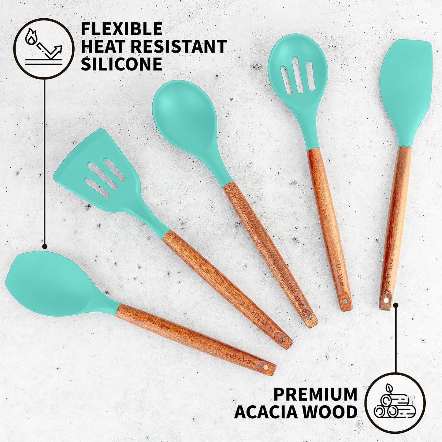 Zulay Kitchen Utensils Set Non-Stick Silicone Cooking Utensils Set with Authentic Acacia Wood Handles - 5 Piece Silicone Utensil Set - Kitchen Utensils Set with 464°F Heat Resistance - Gray