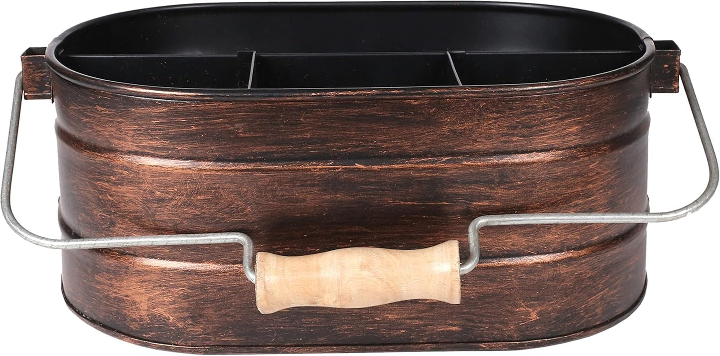 Galvanized Metal Caddy with 4 Compartments, Rustic Farmhouse Kitchen Picnic Utensil Holder, Multipurpose Storage Bin, Metal Garden Planters - 12 Inch - Antique Natural