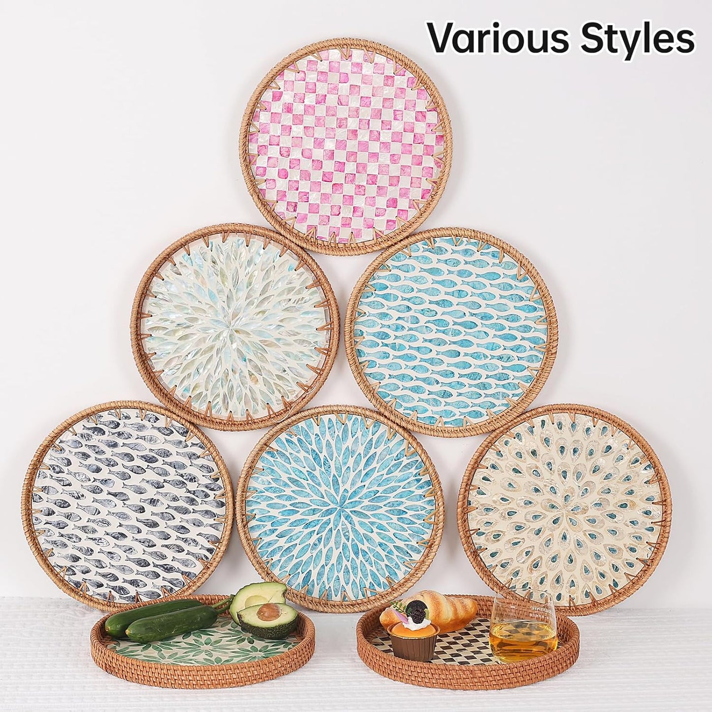 Round Rattan Tray with Mother of Pearl Inlay, Rattan Serving Tray for Coffee, Bread, Fruits, Decorative Wicker Tray for Table Decor, Home Decor, Kitchen Island Decor(Black Checkerboard, 11.8")