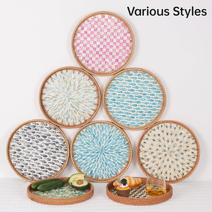 Round Rattan Tray with Mother of Pearl Inlay, Rattan Serving Tray for Coffee, Bread, Fruits, Decorative Wicker Tray for Table Decor, Home Decor, Kitchen Island Decor(Black Checkerboard, 11.8")