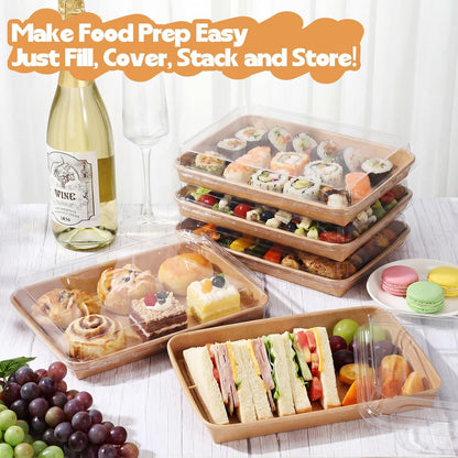 30 Pack Catering Trays with Clear Lids 10.3" x 7.3" Serving Trays Kraft Paper Charcuterie Boxes Party Platters Take Out Food Containers for Snacks Fruit Cookies Dessert Sandwiches