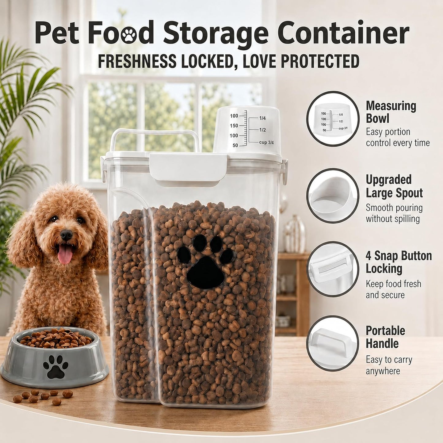Dog Storage Container with cleaning brush,Measuring Cup,Portable Pet Food Containers with Upgraded Large Spout and Cup for Dogs,Cats,Birds,Small Animals(White)