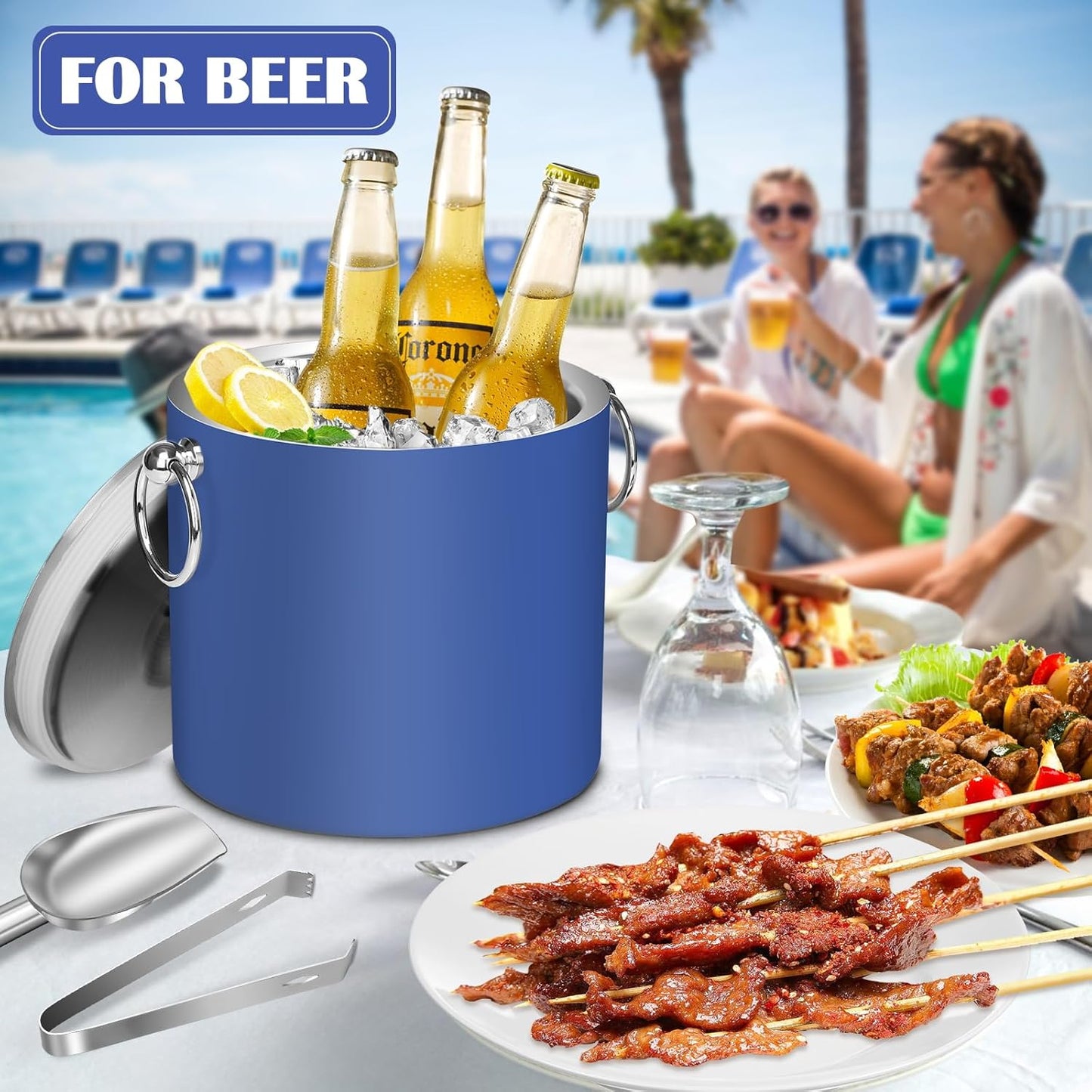 Ice Bucket with Lid & Tong- Well Made Insulated Stainless Steel Keep Ice Frozen Longer - Ideal for Cocktail Bar, Parties, Chilling Wine, Champagne - 3 Liter (Black)