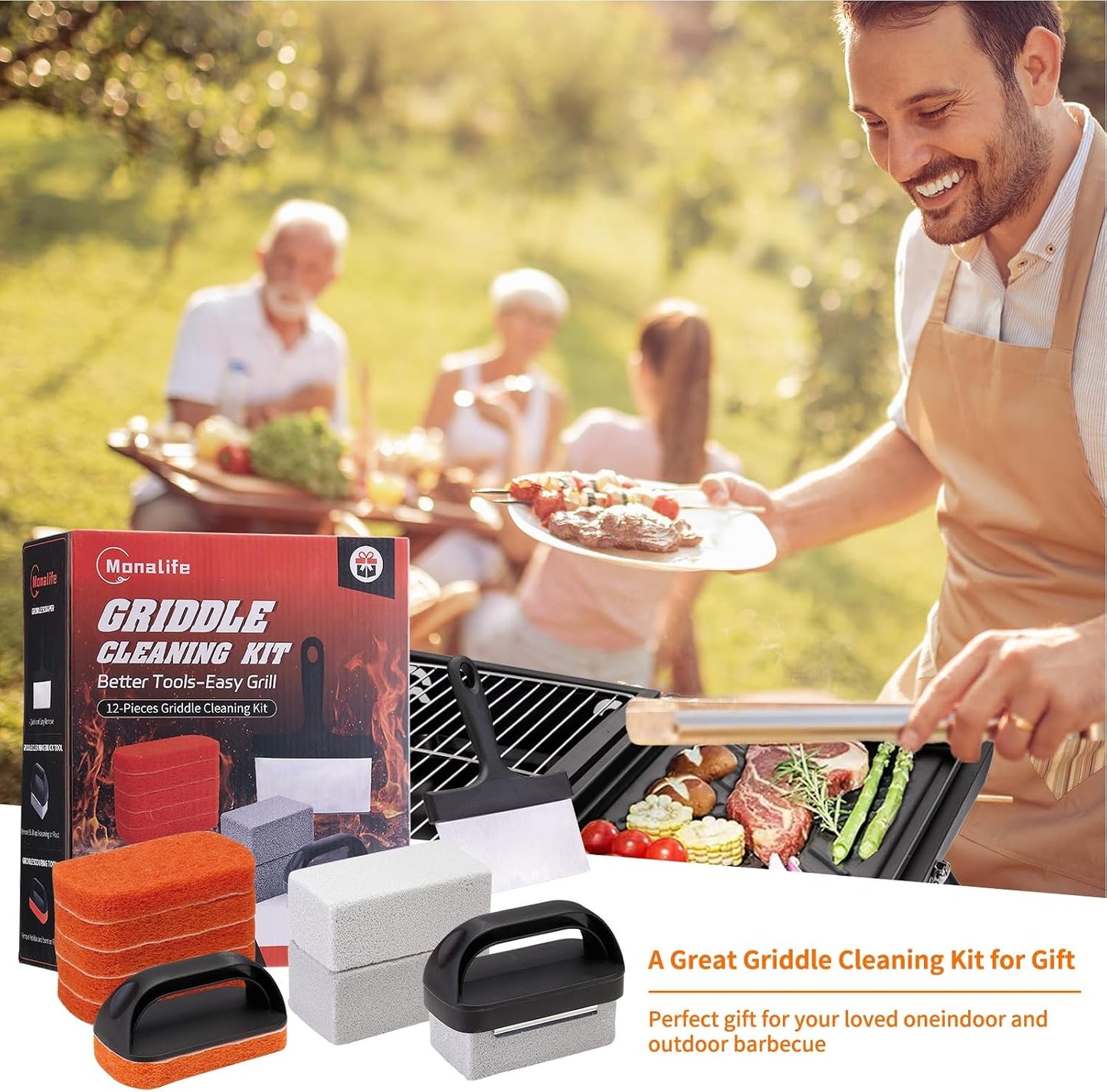 12 PCS Griddle Cleaning Kit for Blackstone, Heavy Duty Flat Top Grill Brush Set with Scraper & Stone – Complete BBQ Accessories for Outdoor Camping