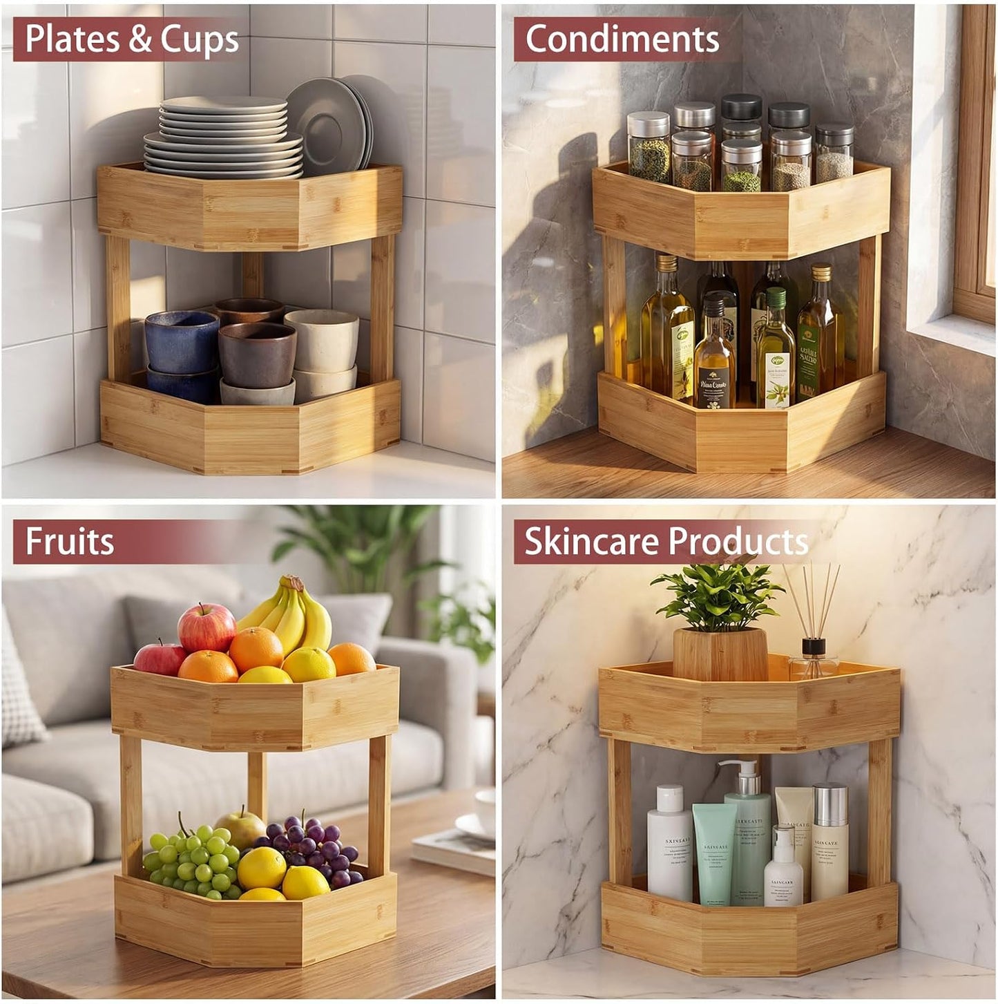 Yerliker 2 Tier Bamboo Corner Shelf Kitchen Fruit Cabinet Organizer Bamboo Corner Fruit Basket for Kitchen Countertop Rack Counter Pantry Storage for Vegetables Spice Plate (11 x 11 x 7.5 Inch)