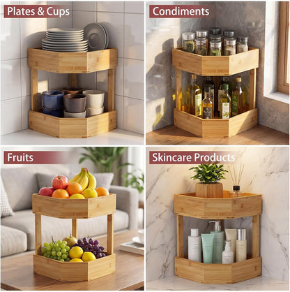 Yerliker 2 Tier Bamboo Corner Shelf Kitchen Fruit Cabinet Organizer Bamboo Corner Fruit Basket for Kitchen Countertop Rack Counter Pantry Storage for Vegetables Spice Plate (11 x 11 x 7.5 Inch)