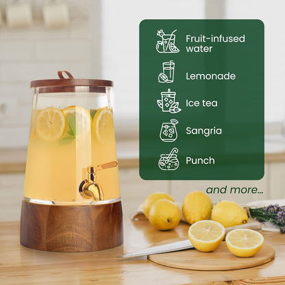 FOODLE Extra Large Glass Drink Dispenser with Spigot - Glass Beverage Dispenser with Stand - Perfect for Parties & Catering - Pitcher for Lemonade, Water, Sangria & Juice - Leakproof Spout - 3 Gallon