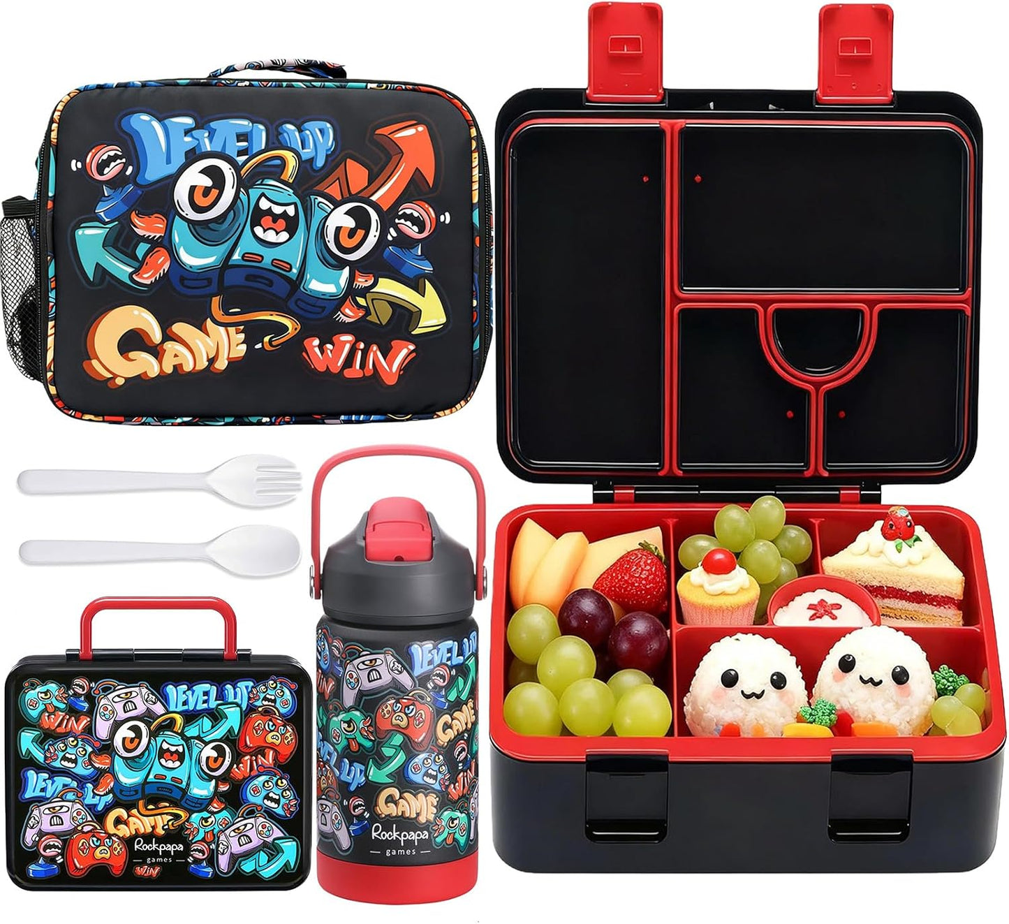 rockpapa Kids Lunch Box Set with 14oz Insulated Water Bottle & Lunch Bag, Leakproof 5.5 Cups Bento Box for School & Children, BPA-Free, Microwave Safe for Boys Girls (Grey Constr Turcks)