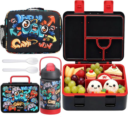 rockpapa Kids Lunch Box Set with 14oz Insulated Water Bottle & Lunch Bag, Leakproof 5.5 Cups Bento Box for School & Children, BPA-Free, Microwave Safe for Boys Girls (Grey Constr Turcks)