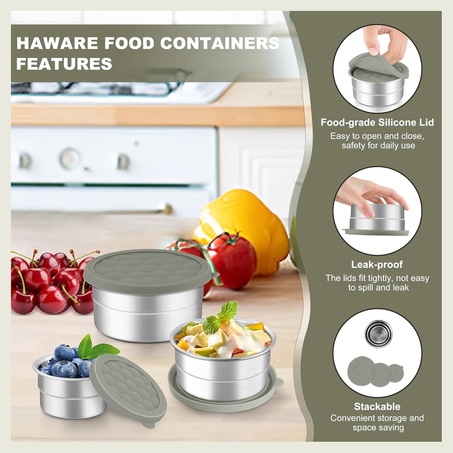 HaWare Stainless Steel Food Storage Containers with Silicone Lids, Leak-Proof Metal Snack Container, Round Lunch Box for Kids Adults, Stackable & Reusable Meal Prep Containers, Set of 3, Multicolor