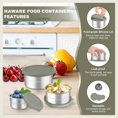 HaWare Stainless Steel Food Storage Containers with Silicone Lids, Leak-Proof Metal Snack Container, Round Lunch Box for Kids Adults, Stackable & Reusable Meal Prep Containers, Set of 3, Multicolor
