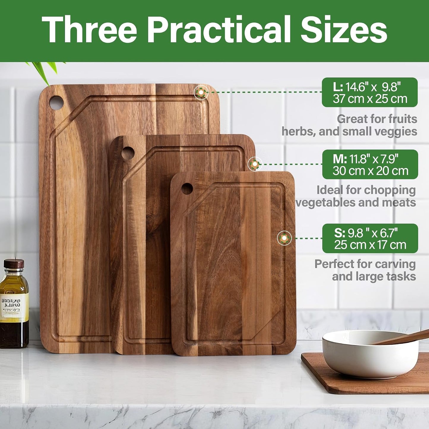 Wood Cutting Board Set of 4, Wooden Chopping Boards with Food Icons for Kitchen, Charcuterie Board for Meat, Vegetables, Fruits, Cheese