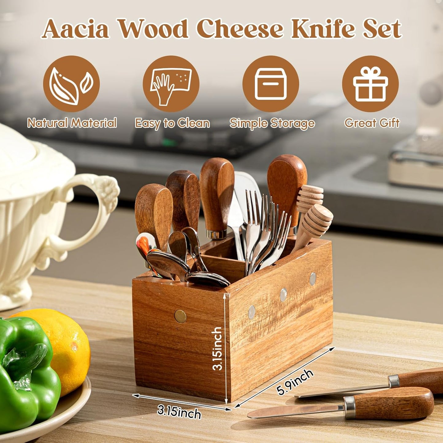 Hushee 44 Pcs Charcuterie Boards Accessories with Magnetic Acacia Wood Holder Wooden Cheese Knife Set for Wood Handle Knives for Cheese Knife Slicer with Tongs, Spoons, Forks, Honey Dipper (Style 2)