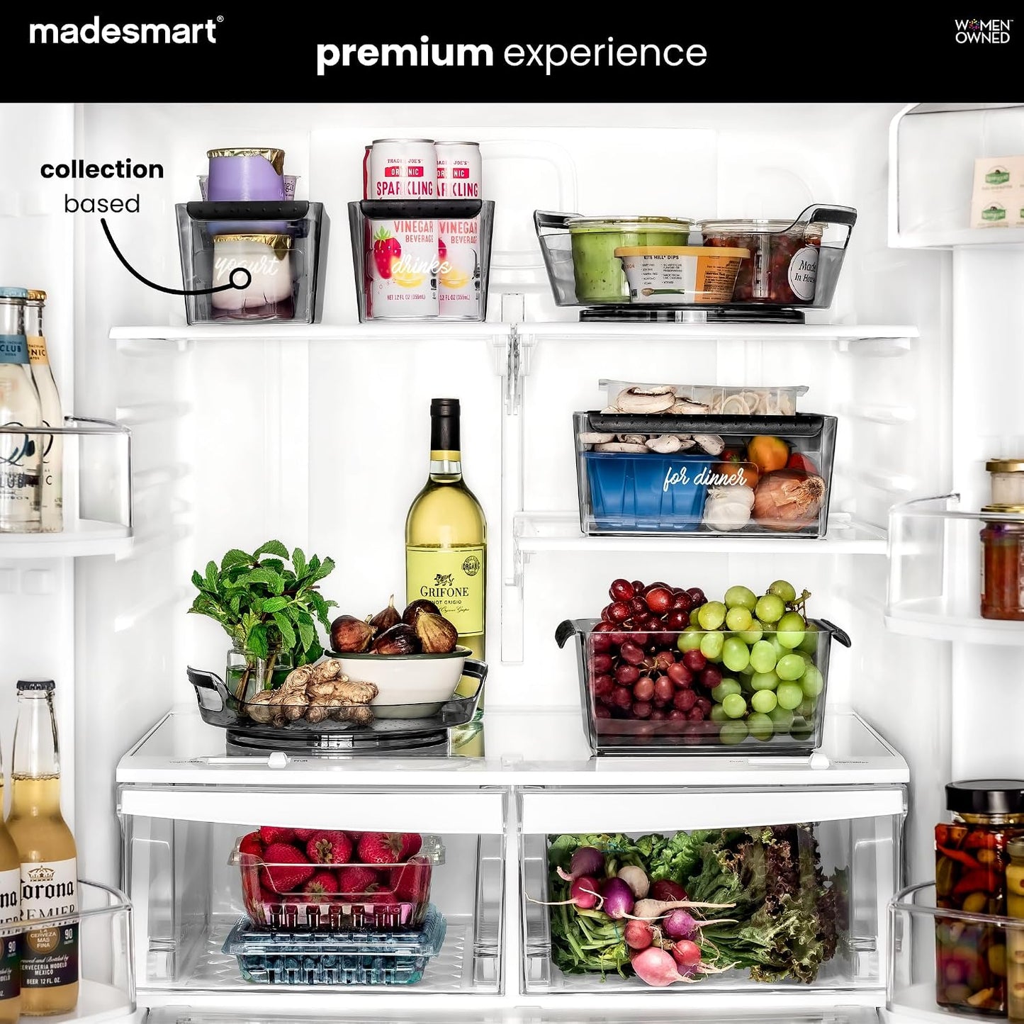 madesmart Fridge Portable Tote, Condiment Caddy with 2 Compartments, Pop-Up Handle & Non-Slip Base, Refrigerator Organizer for Sauces, Jars & Small Items, Clear