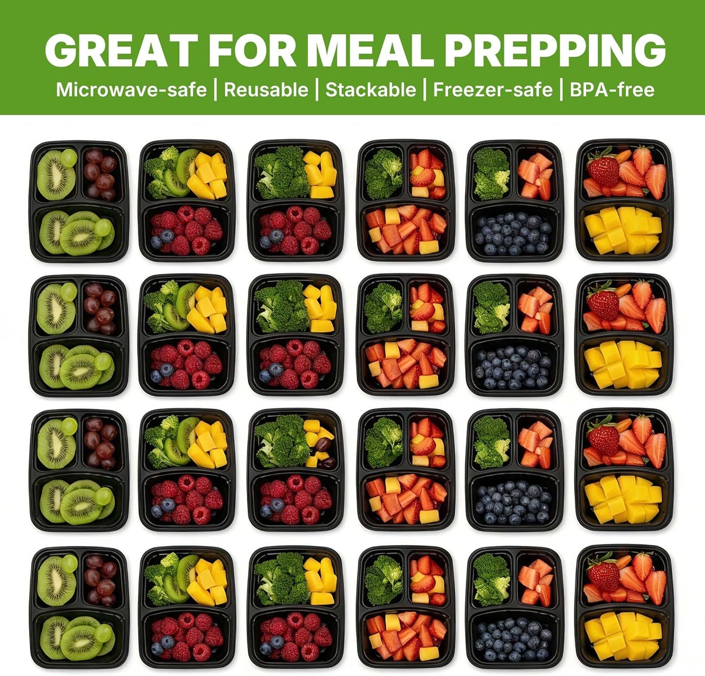 Uni-Pak 50 Pack (100-Piece) Meal Prep Containers with Lids, Reusable 3-Compartment 24 oz BPA-Free Food Storage, Sturdy Leakproof & Food Safe, Microwave Freezer Dishwasher Safe