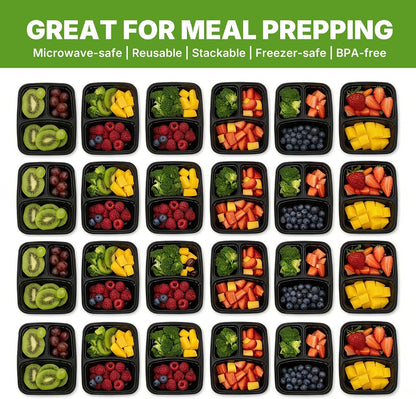 50 Pack (100-Piece) Meal Prep Containers with Lids, Reusable 2-Compartment Food Storage, Sturdy Leakproof, Food Safe, Microwave Freezer Dishwasher Safe, To-Go Takeout Plastic Containers – 60828