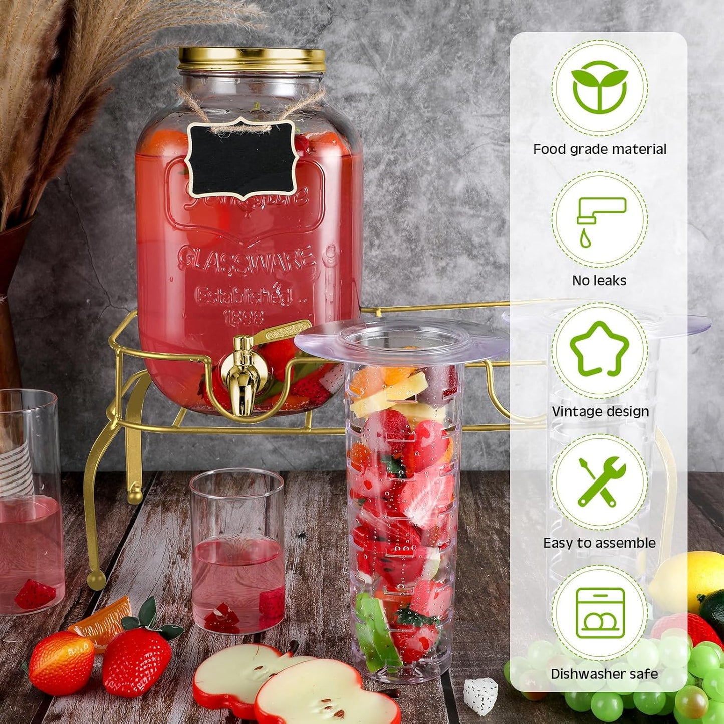 Lallisa 2 Pcs 2 Gallon Glass Drink Dispenser with Stand Ice Cylinder Hanging Chalkboard Signs 18/8 Stainless Steel Spigot Beverage Dispensers for Parties Mason Jar Drink Lemonade (Rose Gold)