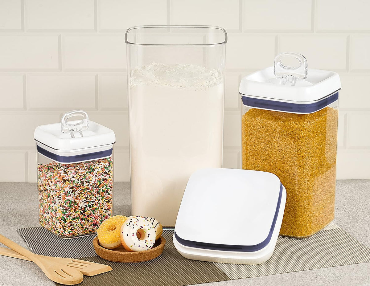 Felli Flip Tite Acrylic Food Storage Container with Lid 6” XL Air Tight Ring Seal Flip Top, Plastic Kitchen Baking Canister for 5 lb Flour Sugar Rice Protein Powder Pantry Organizer (Nest-M, White)
