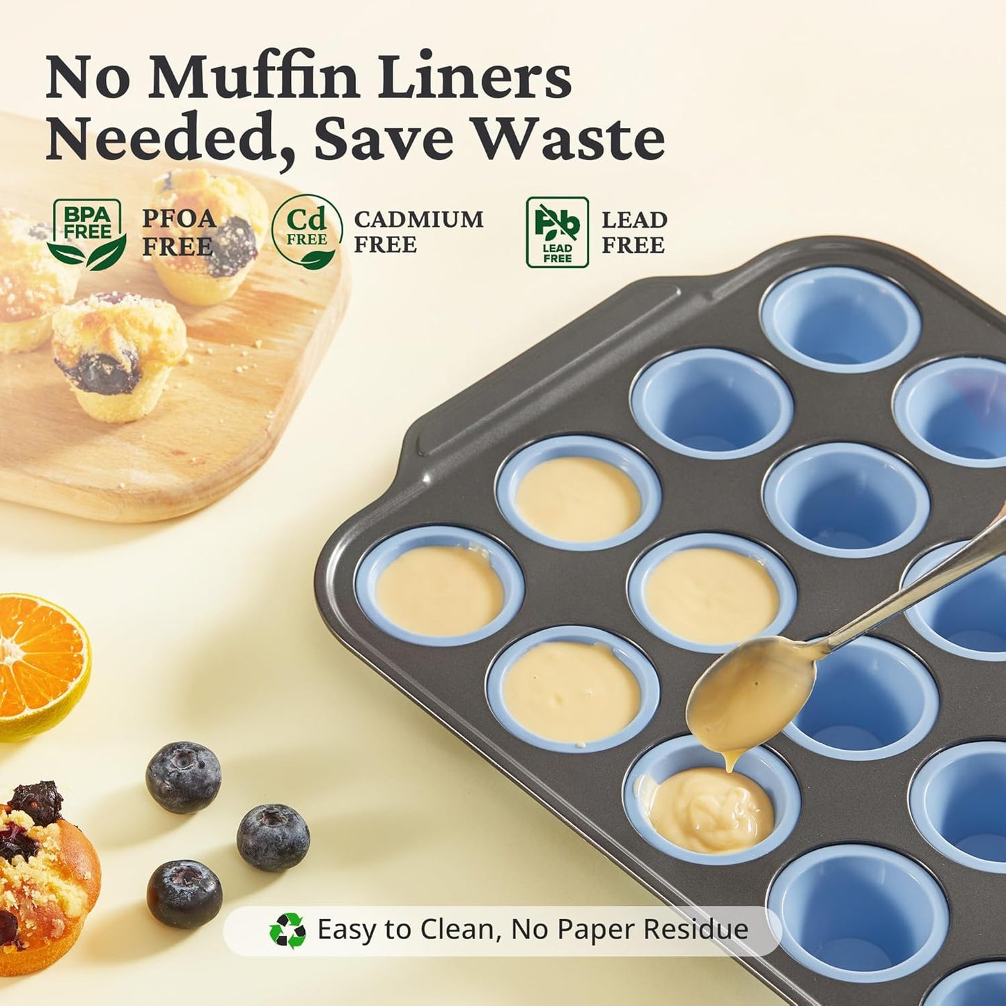 BRONYPRO Silicone Muffin Pans for Baking with Metal Frame, Egg Bite Molds, Cupcake Pans 12 Regular Size, Muffin Tins Easy to Pop Nonstick Non Toxic Bakeware for Oven,Blue