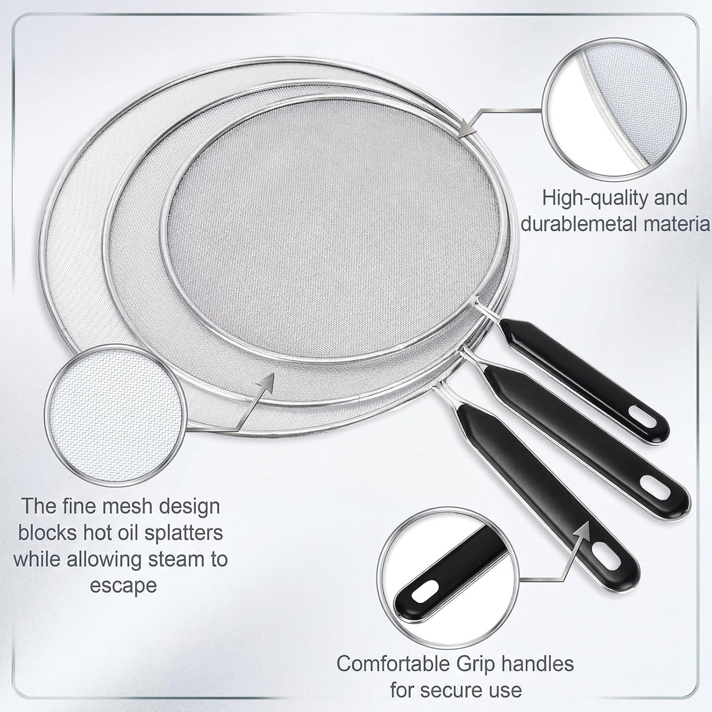 Gisafai 5 Pcs Splatter Guard Set for Frying Pan 13'' 11.5'' 10'' 8.3'' 7.5'' Metal Grease Oil Splatter Screen Fine Mesh Cover Stove Oil Guard with Comfort Grip Handle for Most Pan Pot Safe Cooking