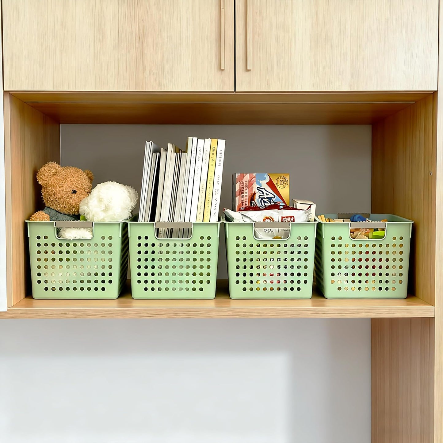 Soddeph 4 Pack Plastic Deep Storage Basket with Handles, Cubbies Organizer Bins with Hollow Design for Under Counter, Closet, Kitchen or Bathroom 12.3" × 8.7" × 6.9"(White, Medium)