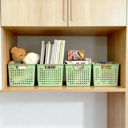Soddeph 4 Pack Plastic Deep Storage Basket with Handles, Cubbies Organizer Bins with Hollow Design for Under Counter, Closet, Kitchen or Bathroom 12.3" × 8.7" × 6.9"(White, Medium)