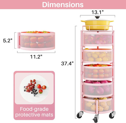 SNTD Fruit and Vegetable Basket Bowls for Kitchen with Metal Top Lid, 5 Tier Rotating Storage Rack Cart for Potato Onion Bread Banana, Wire Basket Organizer on Wheels, Large, Black