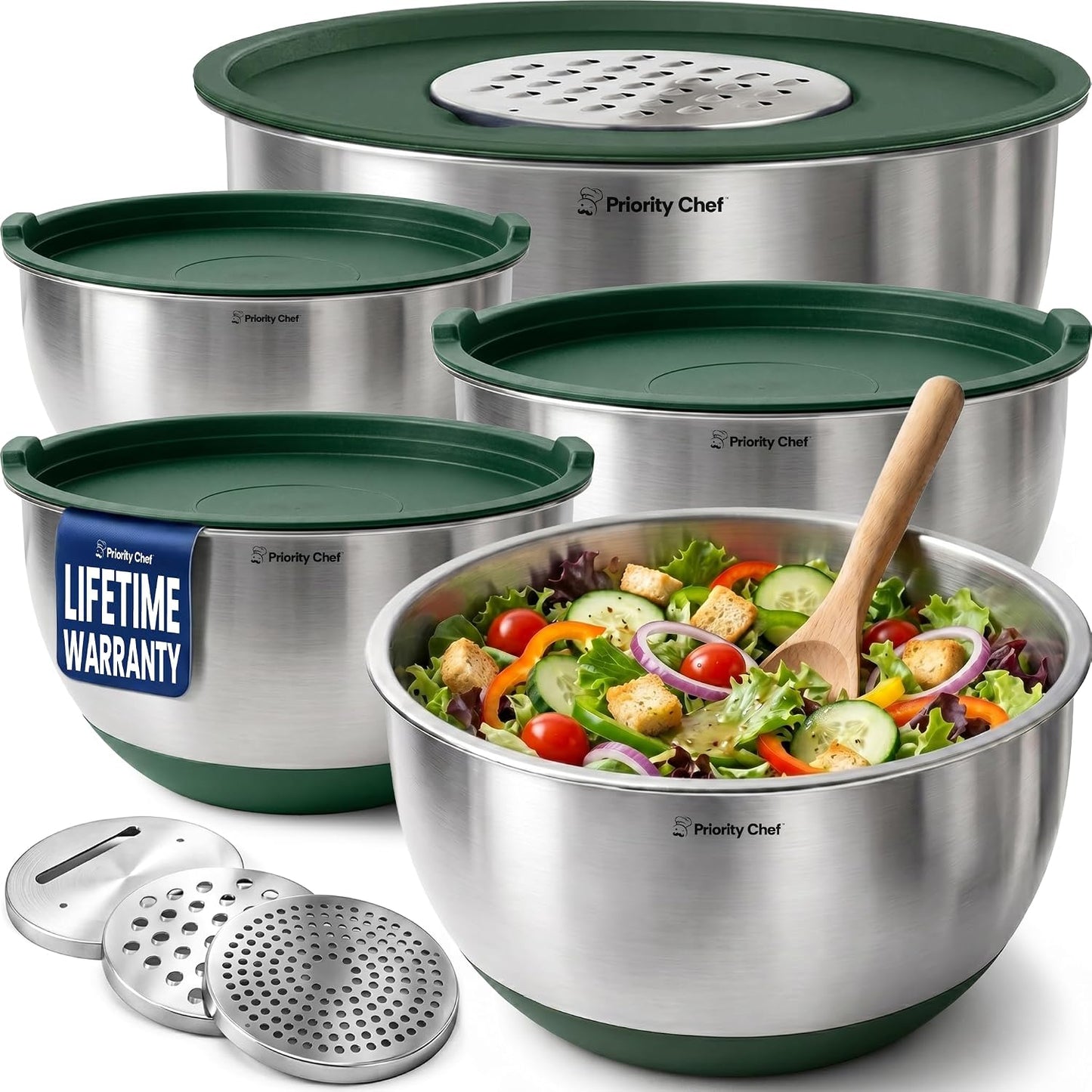Priority Chef Stainless Steel Mixing Bowls with Lids Set, 3 Grater Attachments, Airtight Lids, Non-Slip Silicone Base Mixing Bowl Set, Large Prep Metal Mixing Bowls for Kitchen, Black