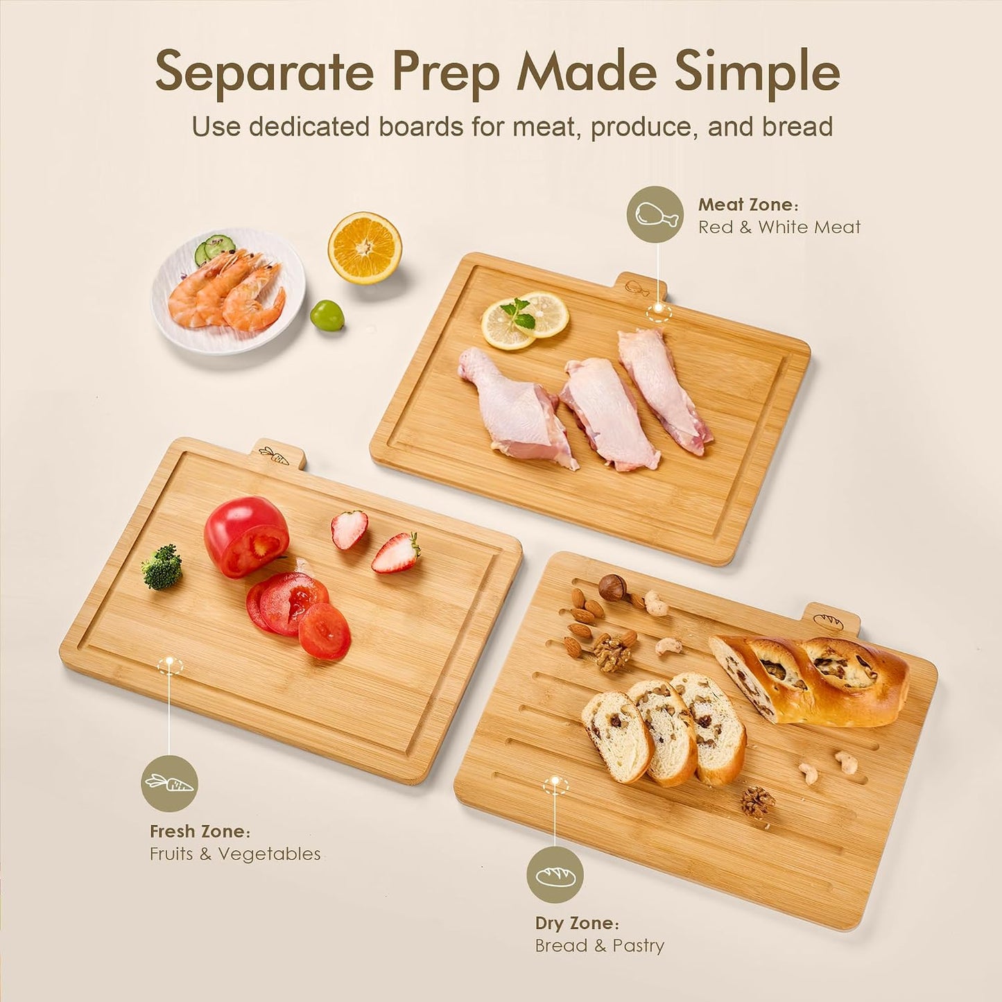 Bamboo Cutting Boards for Kitchen Set of 3, Large 14’’ x 10’’ with Holder, Wooden Cutting Board with Juice Groove & Labels for Meat Vegetables Bread | Coktaseleg